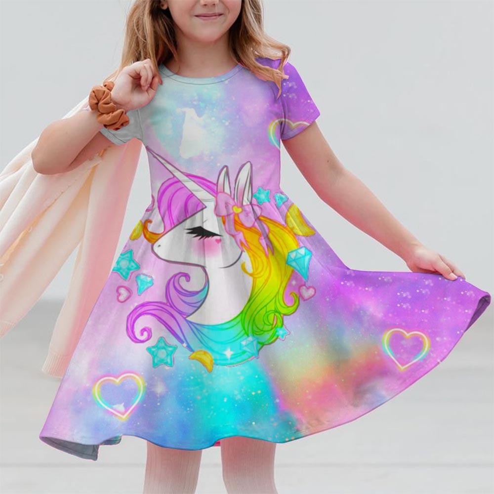 Sommerkleider für Mädchen Einhorn Kinder Kurzarmkleid Cartoon Kleinkinder Freizeit Gerade Kleider Kinderkleidung 3-12 Jahre 160 purple