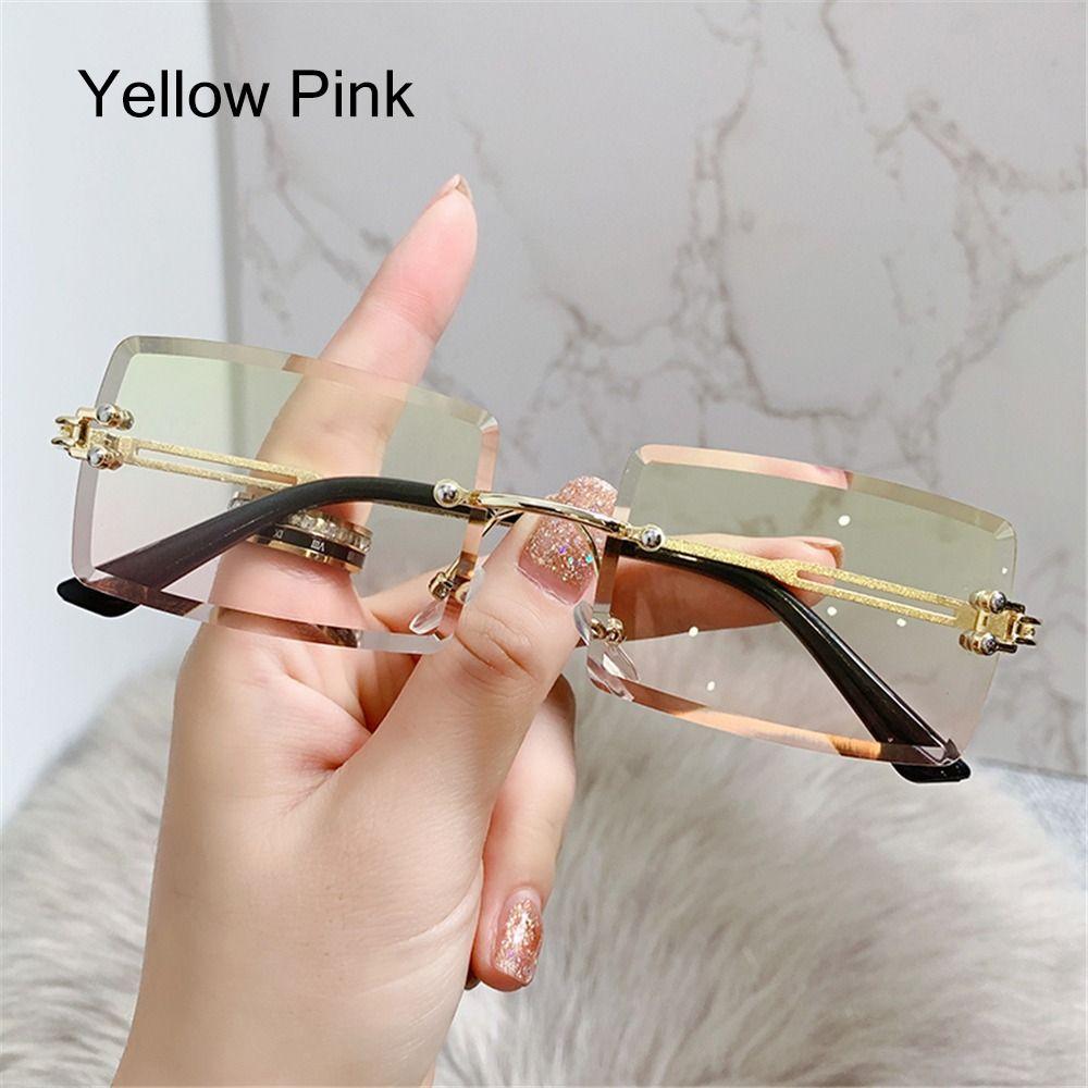 UV400 Metallrahmen Rahmenlose Sonnenbrille Sonnenbrille für Damen Vintage-Sonnenbrille Rechteckige Sonnenbrille Yellow Pink