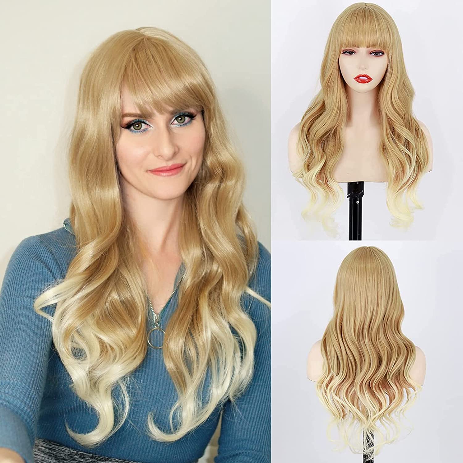 MISSQUEEN Lange blonde Perücke mit Pony, natürliche gewellte lange Perücken für Frauen, hitzebeständige synthetische erdbeerblonde gewellte Perücken für die tägliche Party
