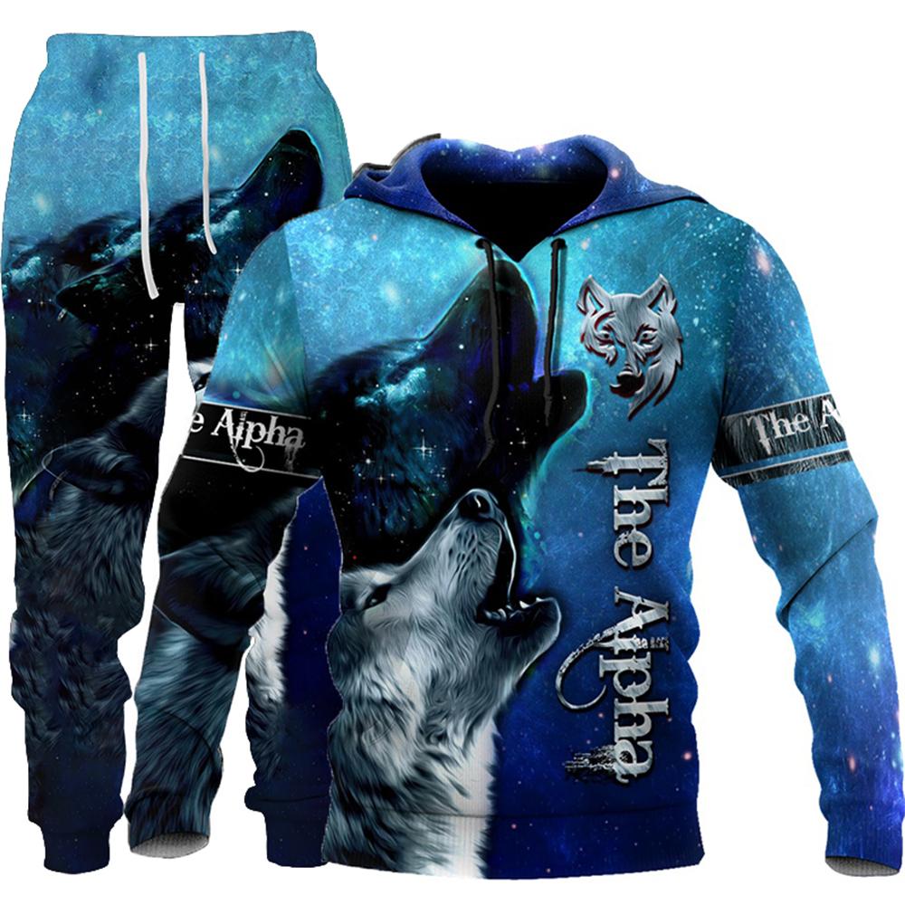 Wolf 3d Gedruckt Hoodie Kleidung Anzug Hosen Anzug Männlich Frühjahr Und Herbst Casual Sweashirt Pullover Männer Trainingsanzug Set Mode männer XXXL black