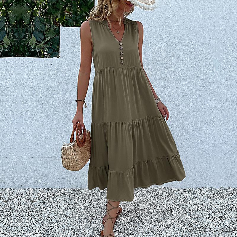 Sommer Damen Tank Top Kleid Ärmellos Plissee Kleider Lose V-Ausschnitt Midi Kleider S armee grüne