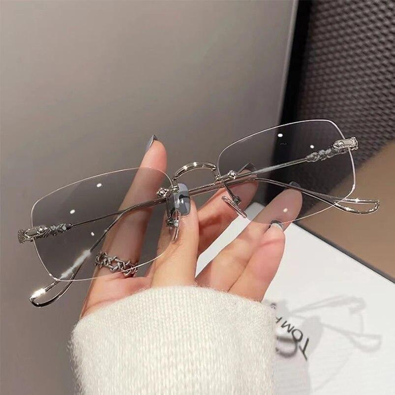 Modische rechteckige Damen-Photochrom-Myopie-Brille, Unisex, randlos, Minus-Dioptrien-Brille, trendige Sonnenbrille mit UV-Farbtönen -4.0