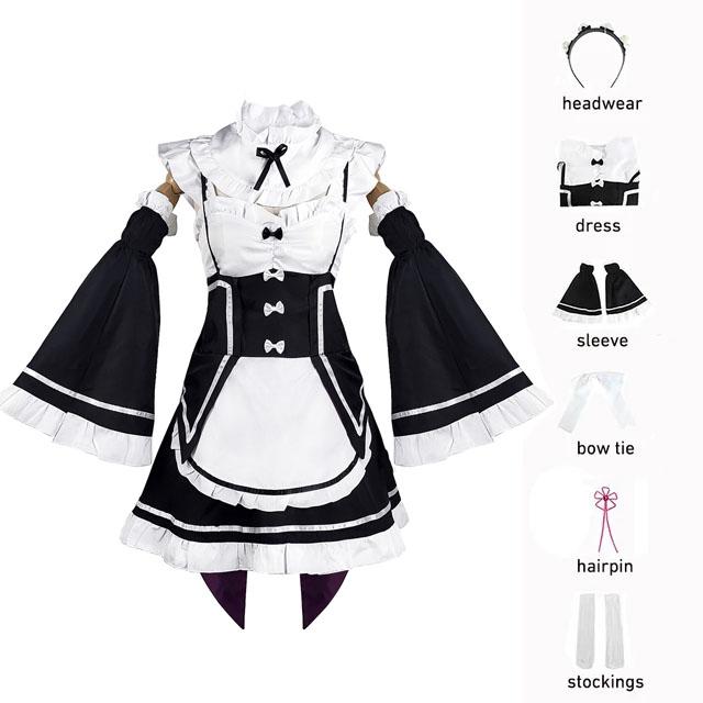 Ram/Rem Cosplay Re:null Kara Hajimeru Isekai Seikatsu Schwarzes Kostüm Dienstmädchen Kleid Anzug Halloween Kostüm Anime Partykleid S