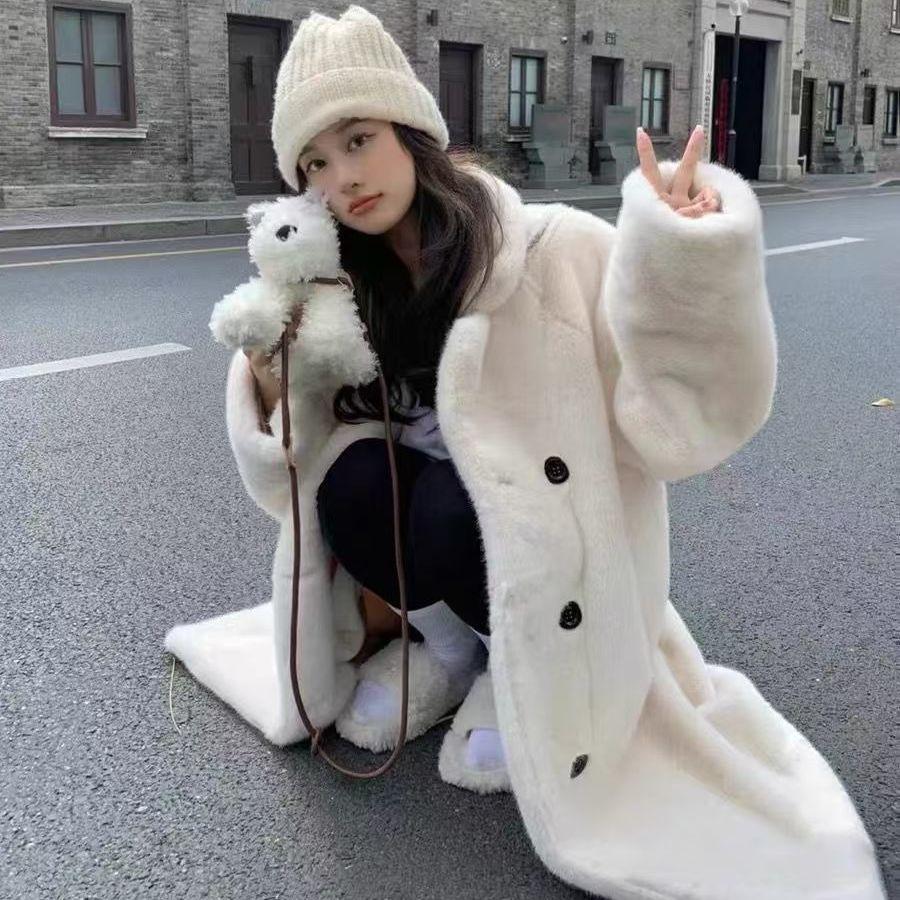 Herbst Winter Dicker Anzugkragen Nachahmung Nerz Einteiler Pelz Umweltfreundliche Pelze Langer Mantel Damen Jacke Winterkleidung M beige