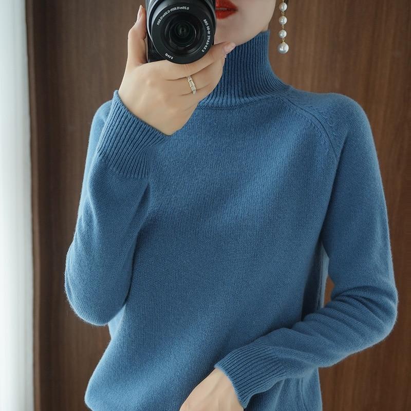 Rollkragen Kaschmir Pullover Frauen Winter Kaschmir Pullover Stricken Weibliche Lange Hülse Dicke Lose Pullover S blau