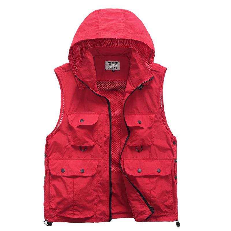 Westen mit Kapuze und mehreren Taschen für Männer und Frauen, Weste, Weste für Fotografen, Reporter, Freiwillige, Werkzeuge, Taschen, Arbeitsuniformen 2XL rot