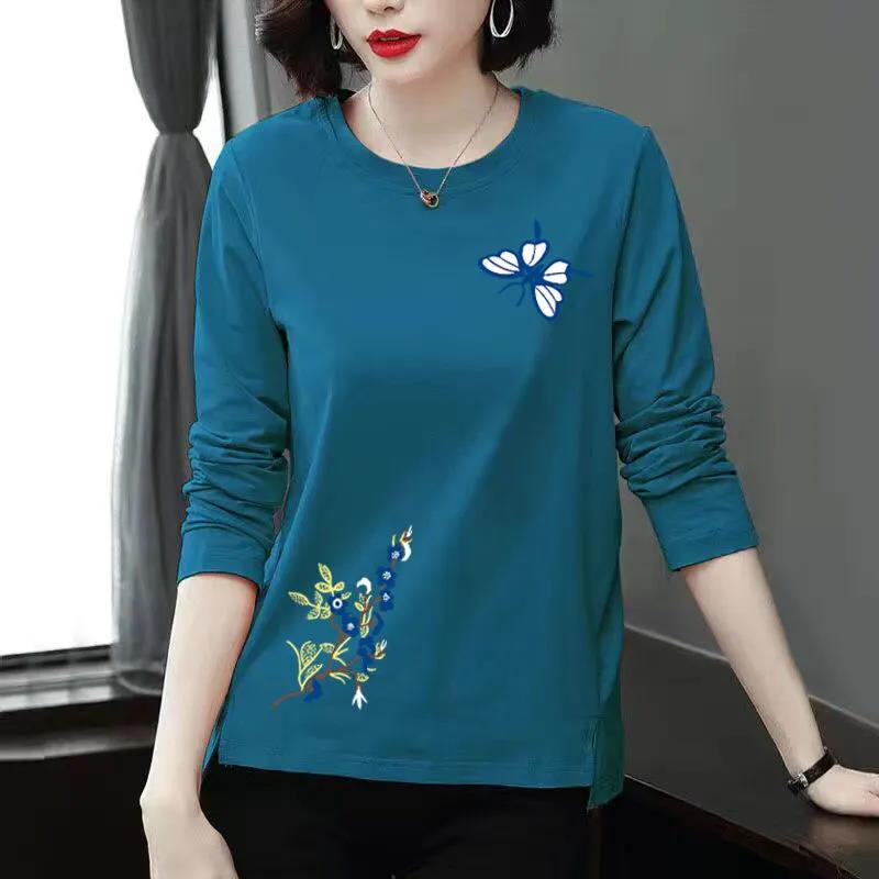 Frühlings Langarm T-Shirt Blumen Zweig Schmetterling Print Shirt Damen Baumwolle Pullover Lässig Unterteil Shirt M blau