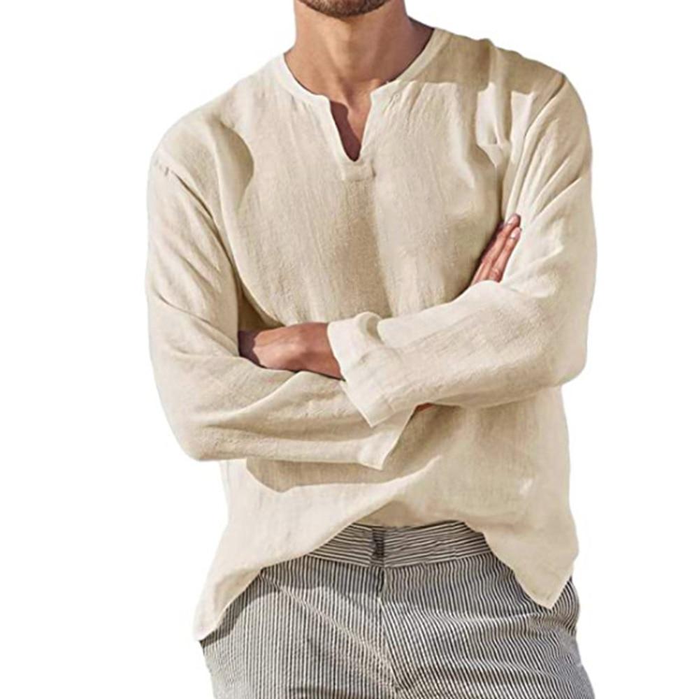 Baumwoll-Leinen-Hemd für Herren, kurz, atmungsaktiv, bequem, einfarbig, langärmelig, V-Ausschnitt, lässige Bluse, Hawaii-Hemd, Übergröße US XL khaki