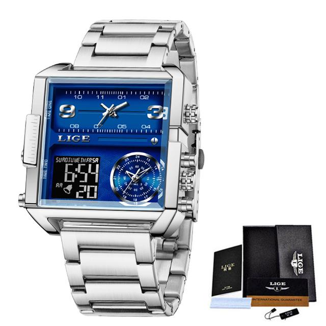 LIGE Top Marke Luxus Herren Uhren Quadratische Digitale Sport Wasserdicht Männer Quarz Armbanduhr silber/blau