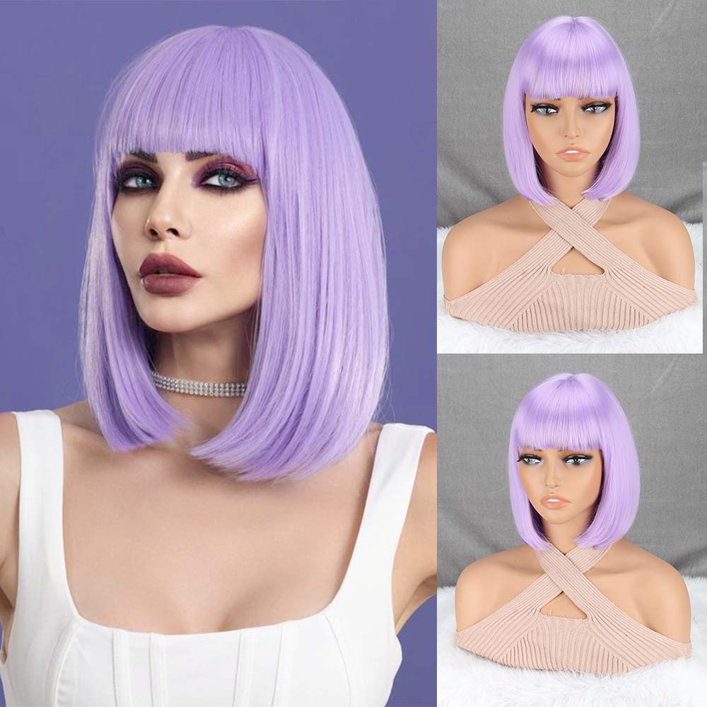 Miss Wig Kurze gerade Perücke mit Pony, synthetische Faser, lila Farbe, Perücke für Frauen, tägliches Tragen, Cosplay 25cm