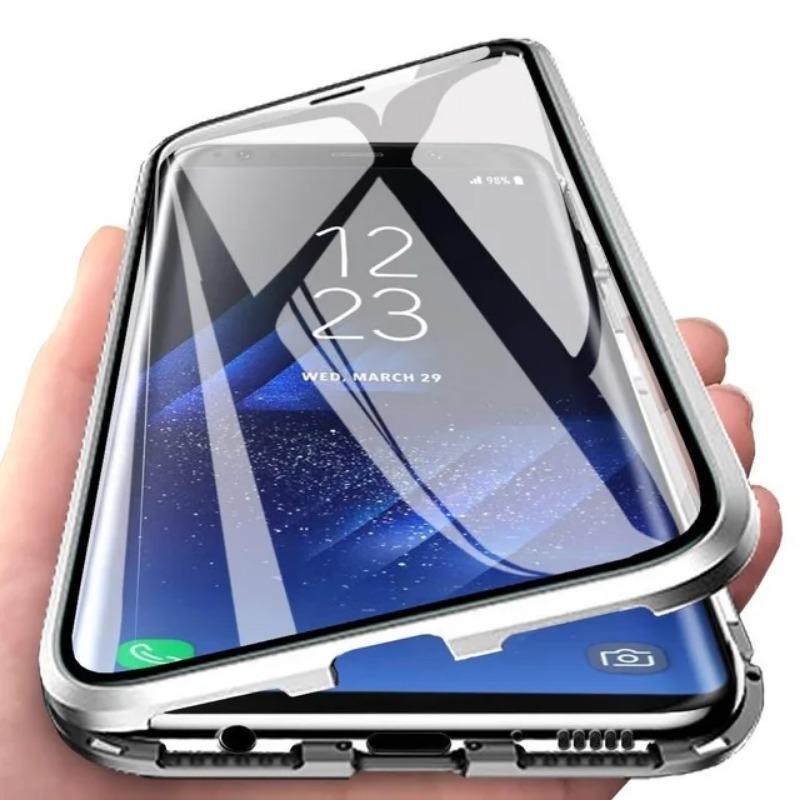 360 doppelseitige Glas-Metall-Magnethülle für Samsung Galaxy S22 S21 S23 S24 FE S25 Plus Ultra A16 A26 A25 A36 A35 A56 A55 5G Schutzhülle For Galaxy S21 Ultra silber