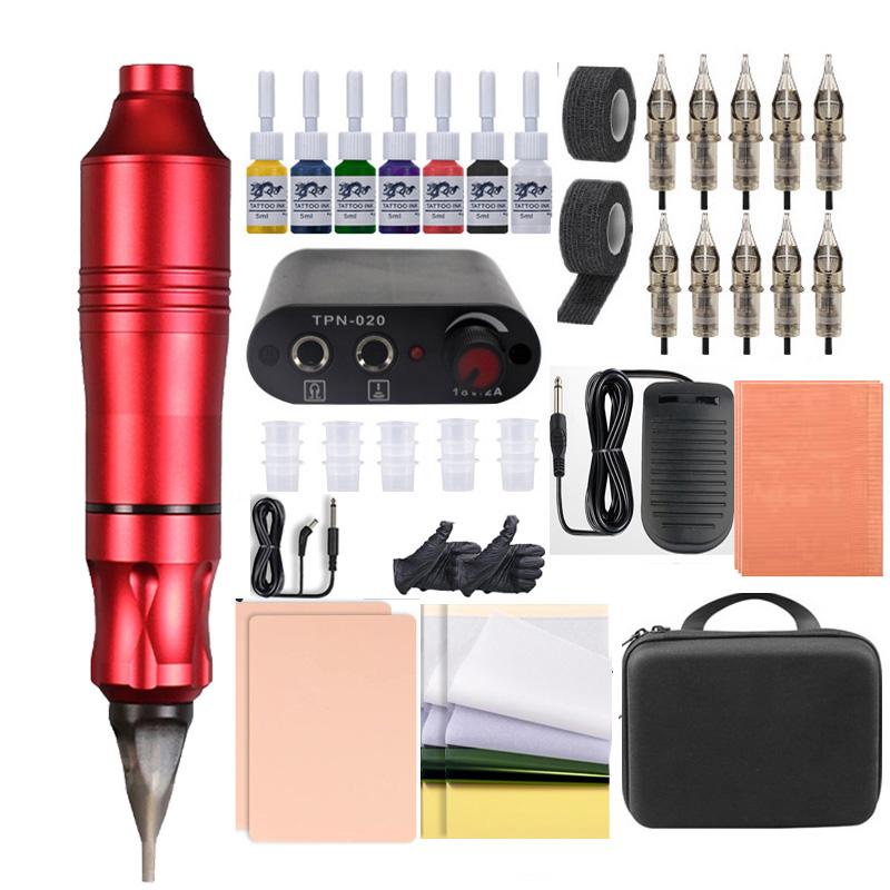 Komplettes Tattoo-Stift-Set für Anfänger mit Tattoo-Netzteil, Tinte, Tattoo-Maschinen-Set rot