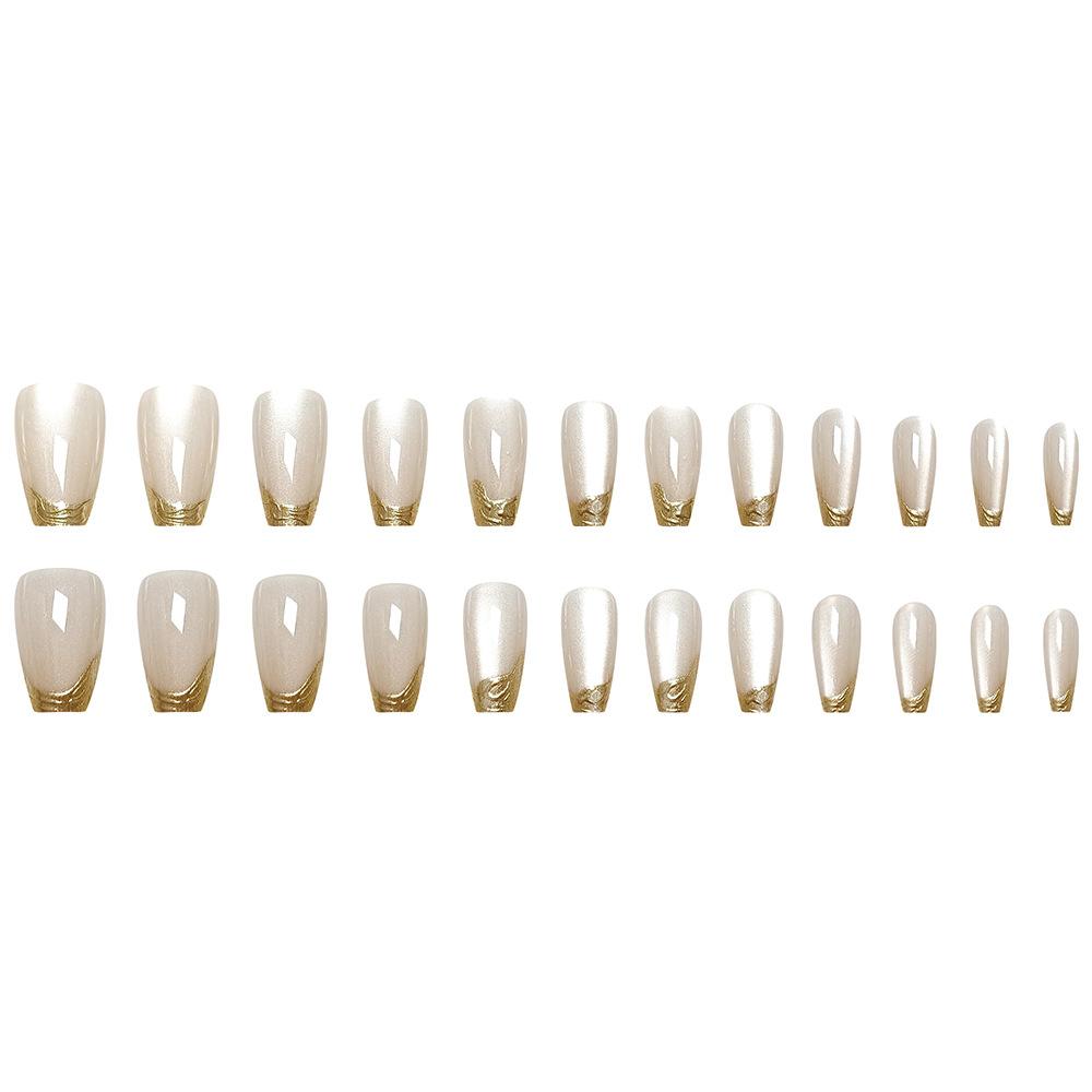 24 Stück Kurze Quadratische 3D Goldene Linien Französische Press-On Nägel, Katzenauge Künstliche Nägel Set Abnehmbare Maniküre Für Damen Und Mädchen beige