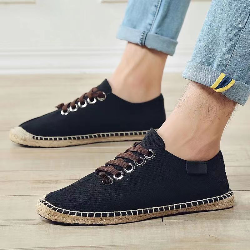 Sommer Leinen Atmungsaktive Casual Flats Schuhe Herren Espadrilles Loafers Mode Männer Canvas Schuhe Casual Fisherman Driving Schuhe 45 schwarz