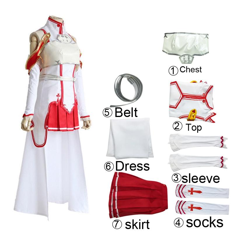 Sword Art Online Asuna Cosplay-Kostüme für Frauen, Kampfanzug, Oberteile, Brustkleid, Ärmel, Rock, Gürtel, Perücke, Kleidung s