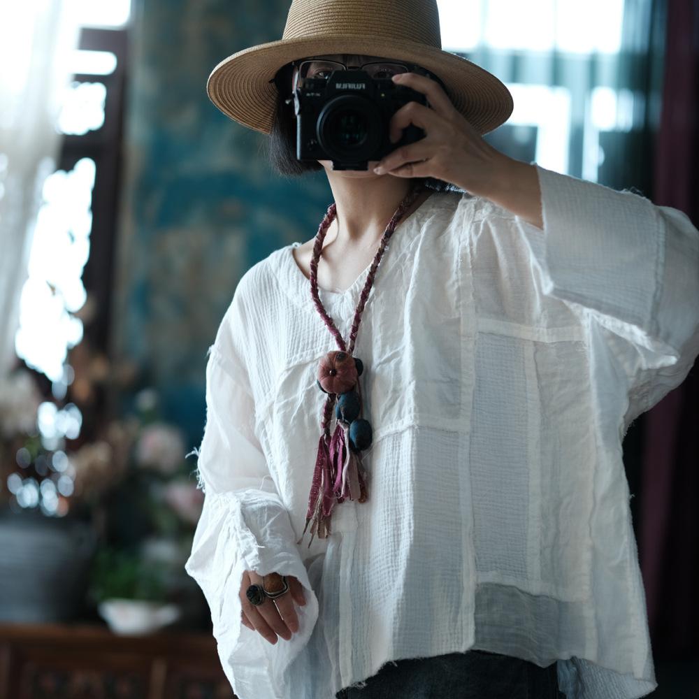 Johnature Damen Vintage Patchwork T-Shirts V-Ausschnitt Langarm Frühling Lockere Damen T-Shirts One Size weiß