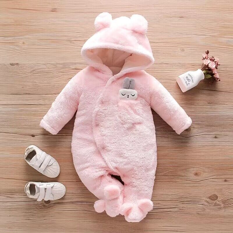 Baby-Kleidung für Mädchen, solide Fleece-Kaninchen-Baby-Overall mit Kapuze und langen Ärmeln, Unisex-Baby-Winterkleidung für Neugeborene 9-12M rosa