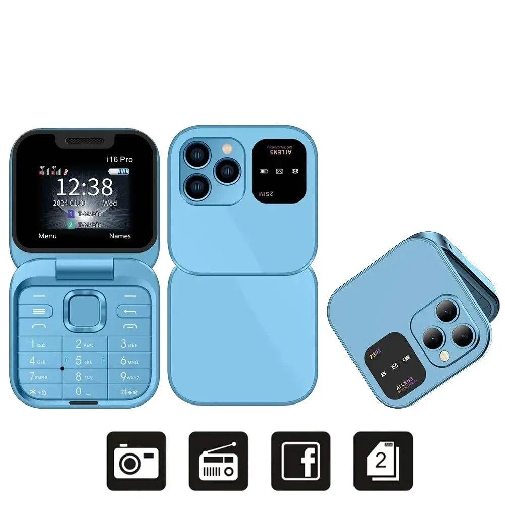 Mini-Falt-Mobiltelefon 2G GSM Dual-SIM-Karte Kurzwahl Video-Player Magic Voice 3,5-mm-Buchse FM Kleines Klapp-Mobiltelefon blau