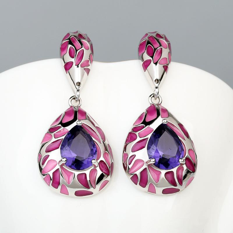 925 Silber Lila Zirkon Rosa Epoxid Unregelmäßige Ohrringe Kreative Damen Exquisiter Schmuck Handgefertigt Emaille Damen Schmuck gray