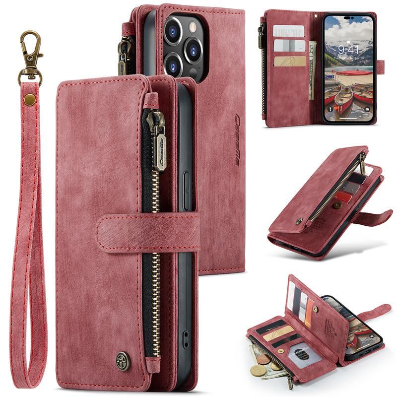 CaseMe Klapp-Leder-Handyhülle Für iPhone 17 Pro Max 16 Plus 15 14 13 12 11 XS XR X Samsung S26 S25 FE S24 Ultra S23 S22 S21 Reißverschluss-Geldbörse Kartenabdeckung iPhone 7 Plus/8 Plus rot