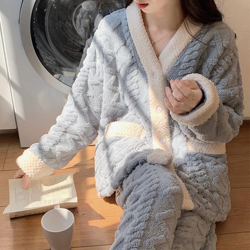 Damen Pyjama Damen Winter Flanell Pyjama Set Fleece Pyjama Nachtwäsche Dicker Warmer Samt Damen Homewear Anzug Süßer Süßer Pijama L
