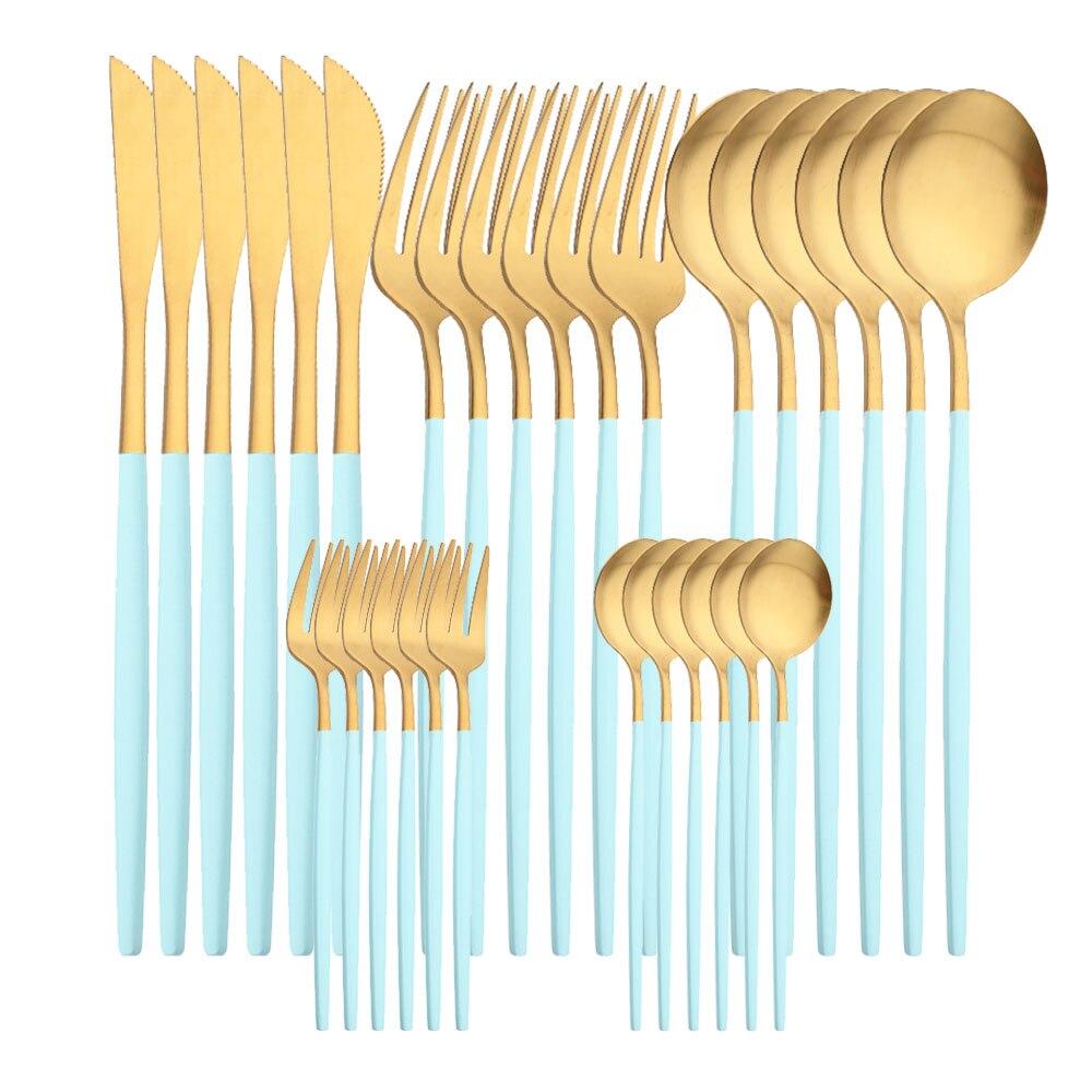 30 Stücke Mattschwarz Silber Geschirr Set Edelstahl Messer Kuchen Gabel Tee Löffel Besteck Besteck Set Küche Geschirr Set minze, grüne/gold