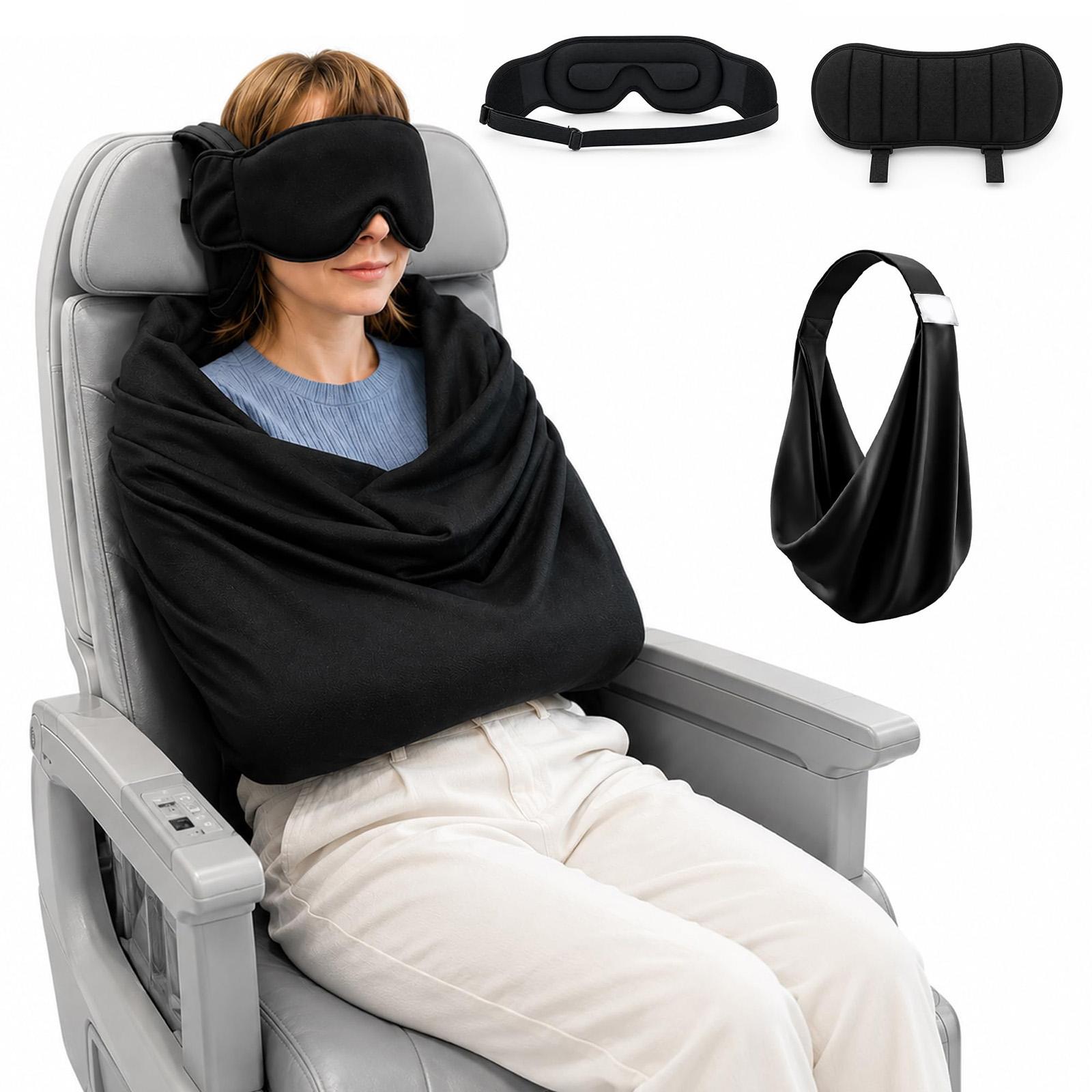 Reise-Schlafset mit Nacken-, 3D-Schlaf- und Handstütze - Tragbar für Flugzeug, Auto und Zug One Size black