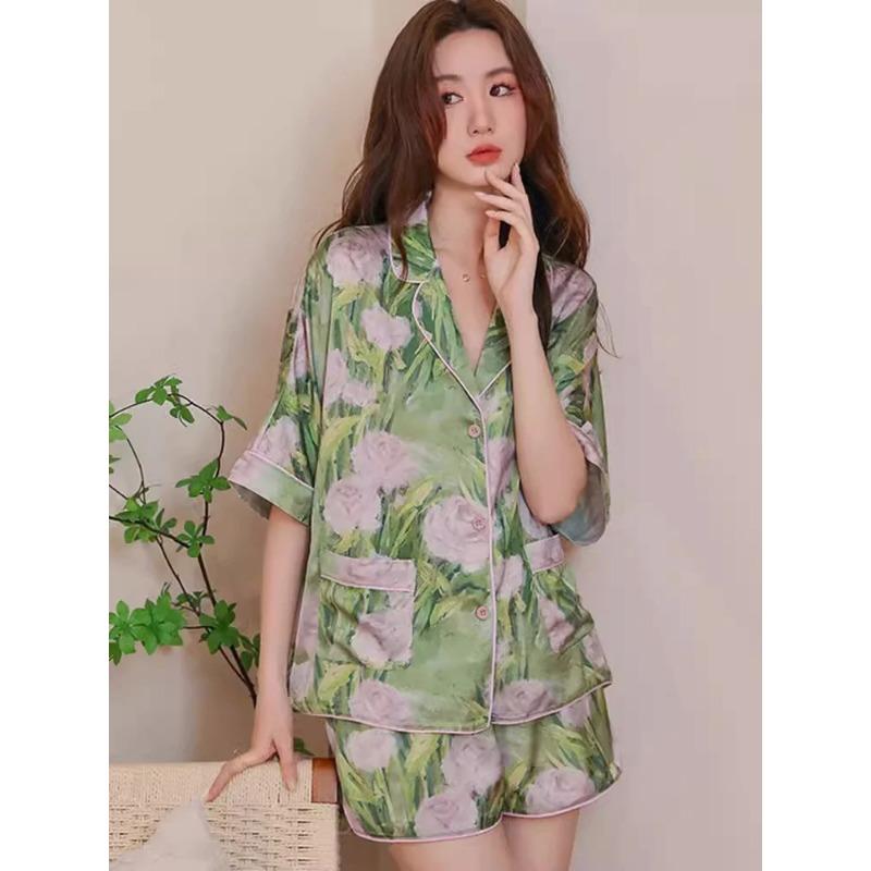 Sommer Bedruckter Damen Maulbeerseide Kurzer Pyjama Natürlicher Damen Sommeranzug Pyjama Reine Seide Kurzes Pyjama Set 2 Teile XL grün
