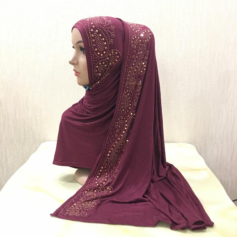H099 hochwertiger weicher Jersey-Schal mit Steinen zum Überziehen Modal-Kopfschal Damen-Hijab islamischer Damen-Schal Kopftuch himbeere