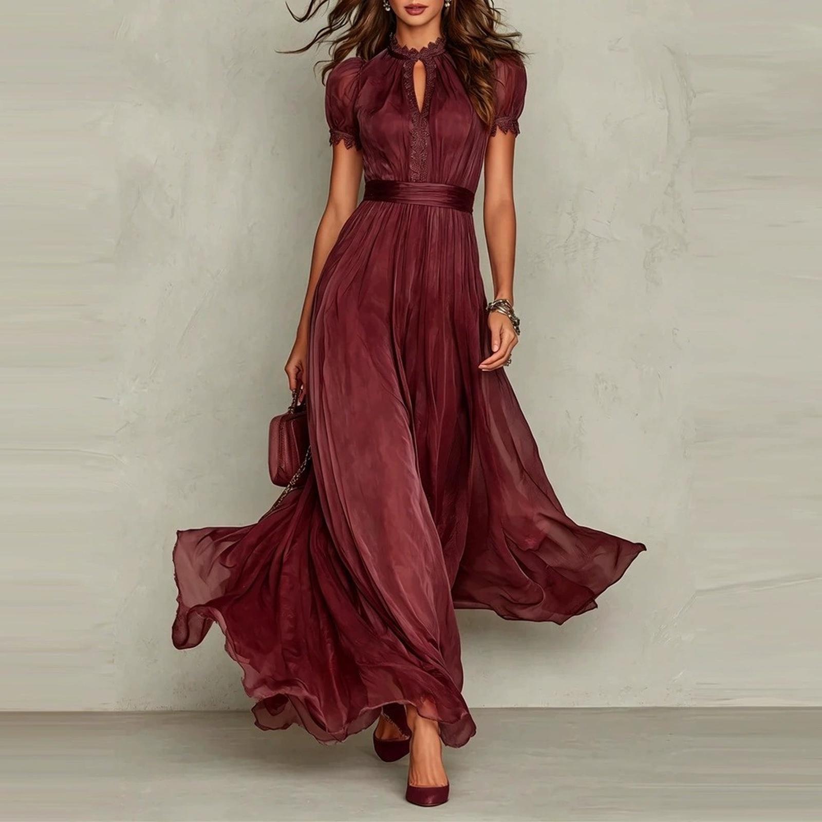 Damen Hochgeschlossenes Chiffon-Maxikleid mit Spitzeneinsätzen Elegantes Fließendes Kurzarm-Abendkleid mit Plissee-Taille L weinrot