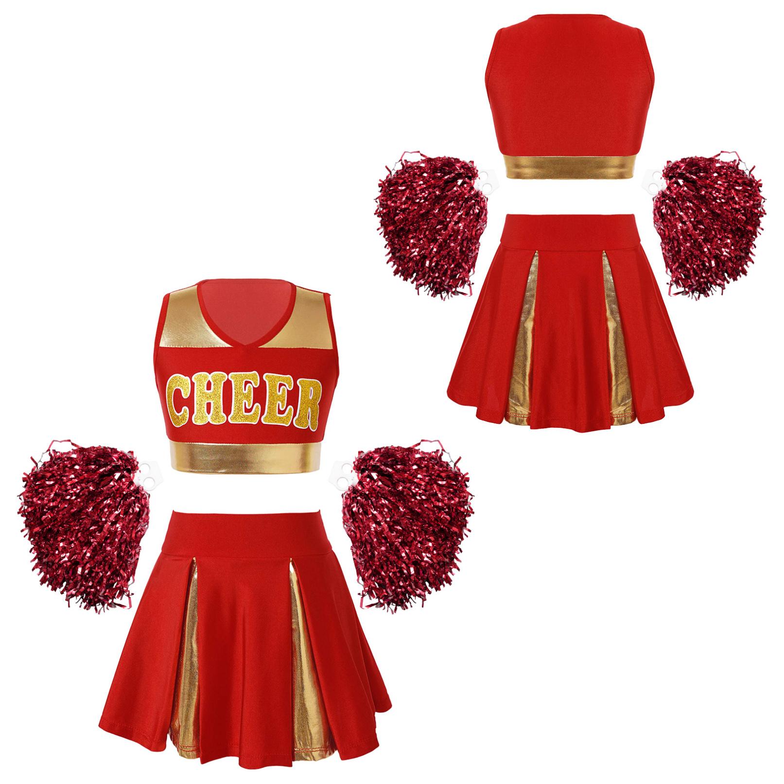 Cheerleading-Uniform für Mädchen, Kostüm-Outfit, Cosplay, Halloween-Kostüm, bauchfreies Top mit Rock und Handblumen 5-6 Years rot
