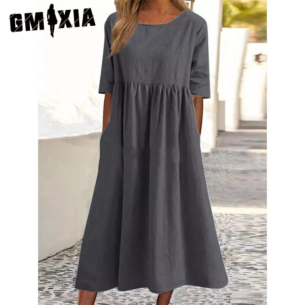 Frühling Sommer Damen O-Ausschnitt Kleid Lässig Locker Lange Kleider Übergrößen Kleider XXXL grau