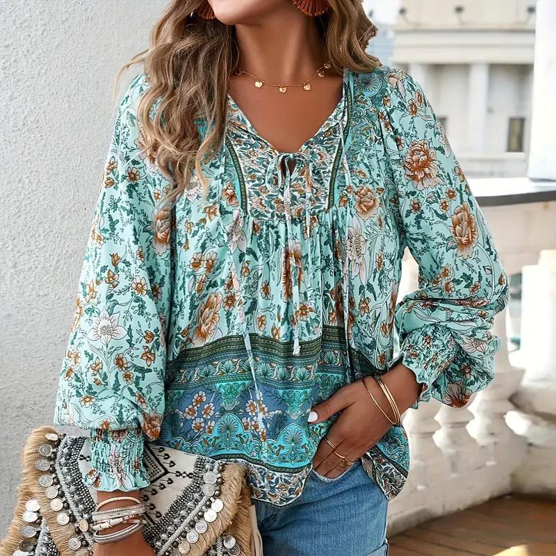 Bluse mit V-Ausschnitt und Blumendruck, lässige Bluse mit V-Ausschnitt und Blumendruck, lange Ärmel mit Kordelzug für Frühling und Herbst – Damenbekleidung S grün