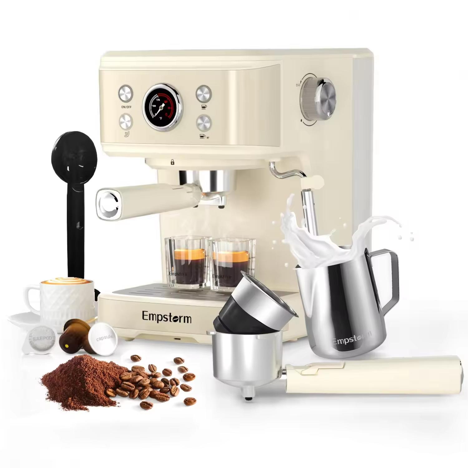 Empstorm 04E Tragbare Kaffeemaschine 20 Bar Halbautomatische Espressomaschine Heim Büro Kaffeemaschinen mit Sichtwassertank weiß