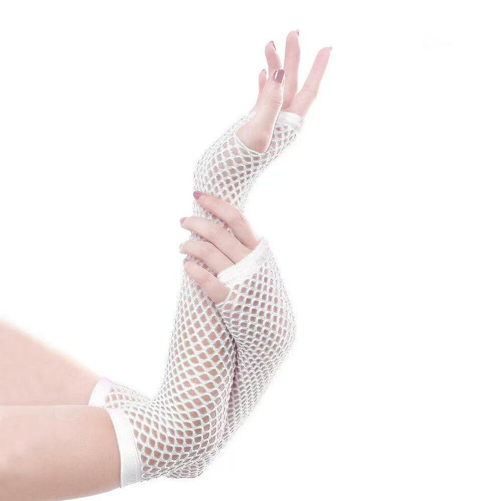 Damen-Fischnetz-Fingerlose Handschuhe, Punk-Rock-Gothic-Kostüm, lange Party-Handschuhe weiß