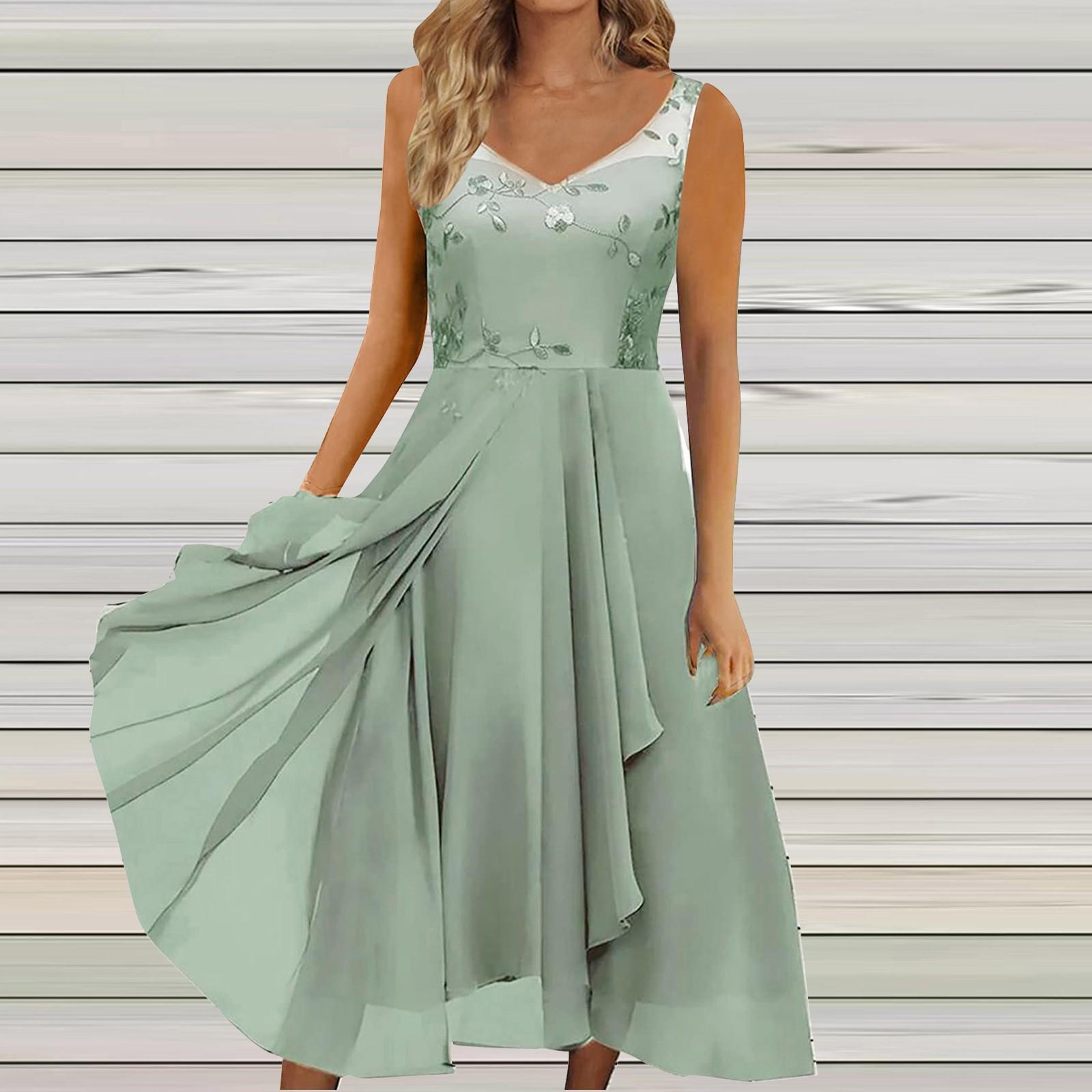 Damen Kleid Chiffon Elegante Spitze Patchwork Kleid Ausschnitt ärmelloses Kleid Brautjungfer Abendkleid L grün