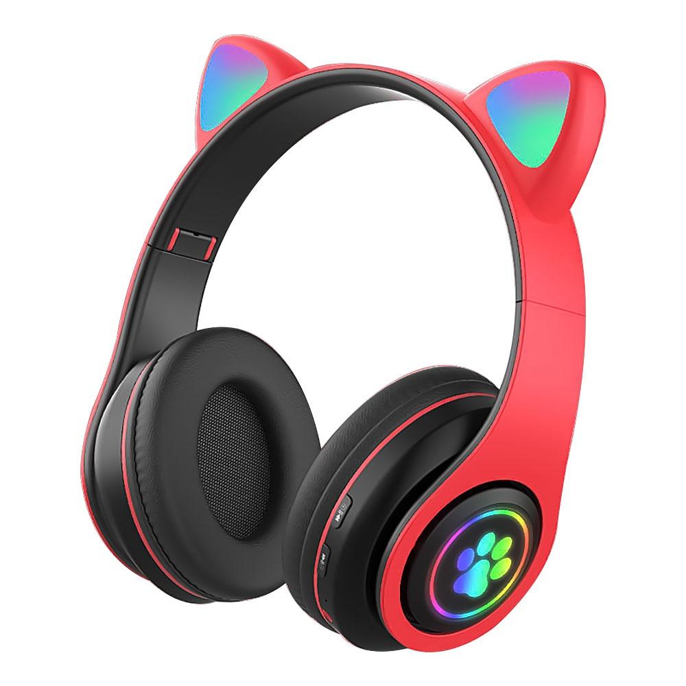 Bluetooth 5.0-Kopfhörer mit Mikrofon, niedliches Katzenohr, kabellos/kabelgebunden, faltbarer Kopfhörer, Bass, RGB-Atmungslicht für Jungen/Mädchen rot