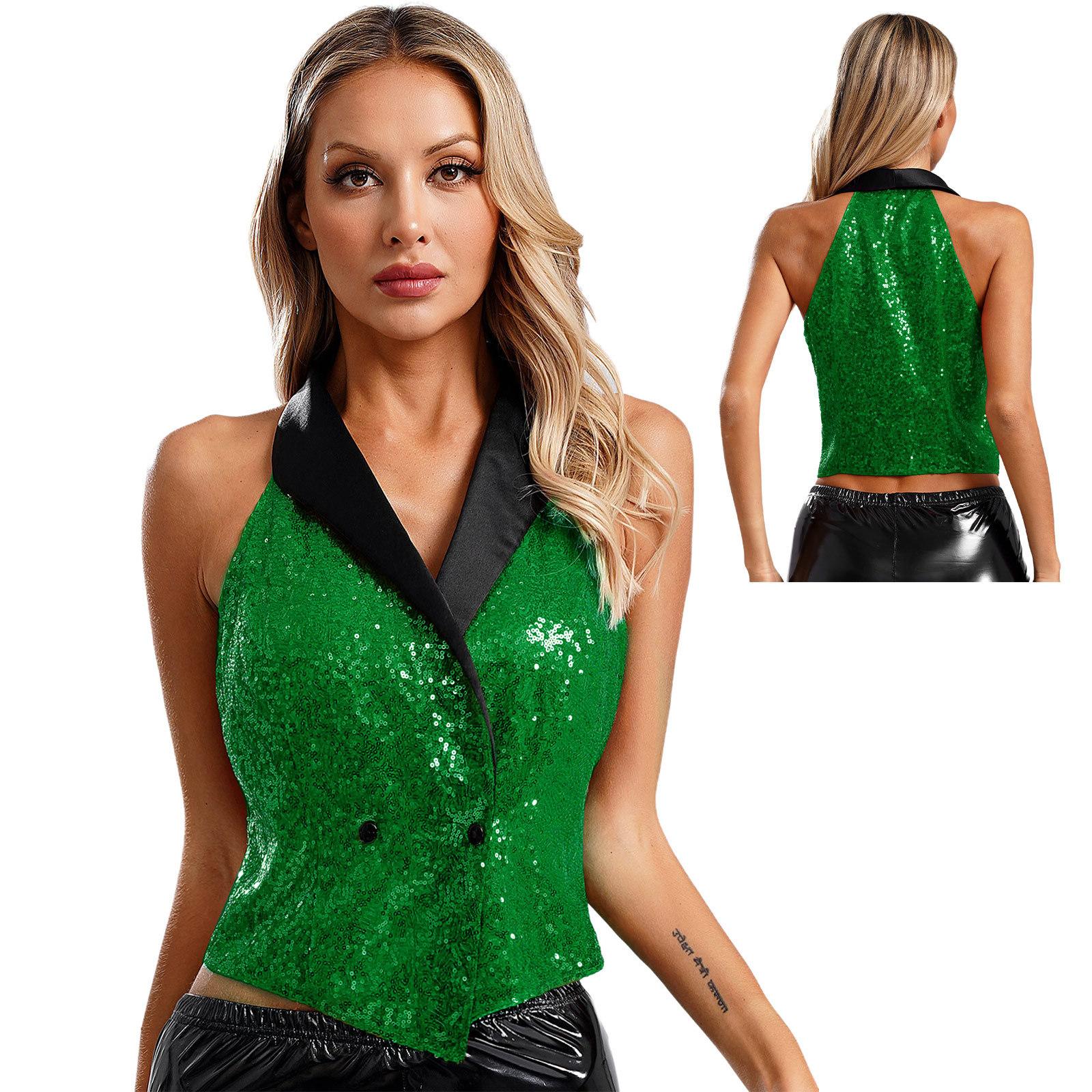 Damen V-Ausschnitt Paillettenweste Weste Glitzernde Bluse Festliche Weste Oberbekleidung für Abendparty Bankett Cocktail Club Kostüme M grün