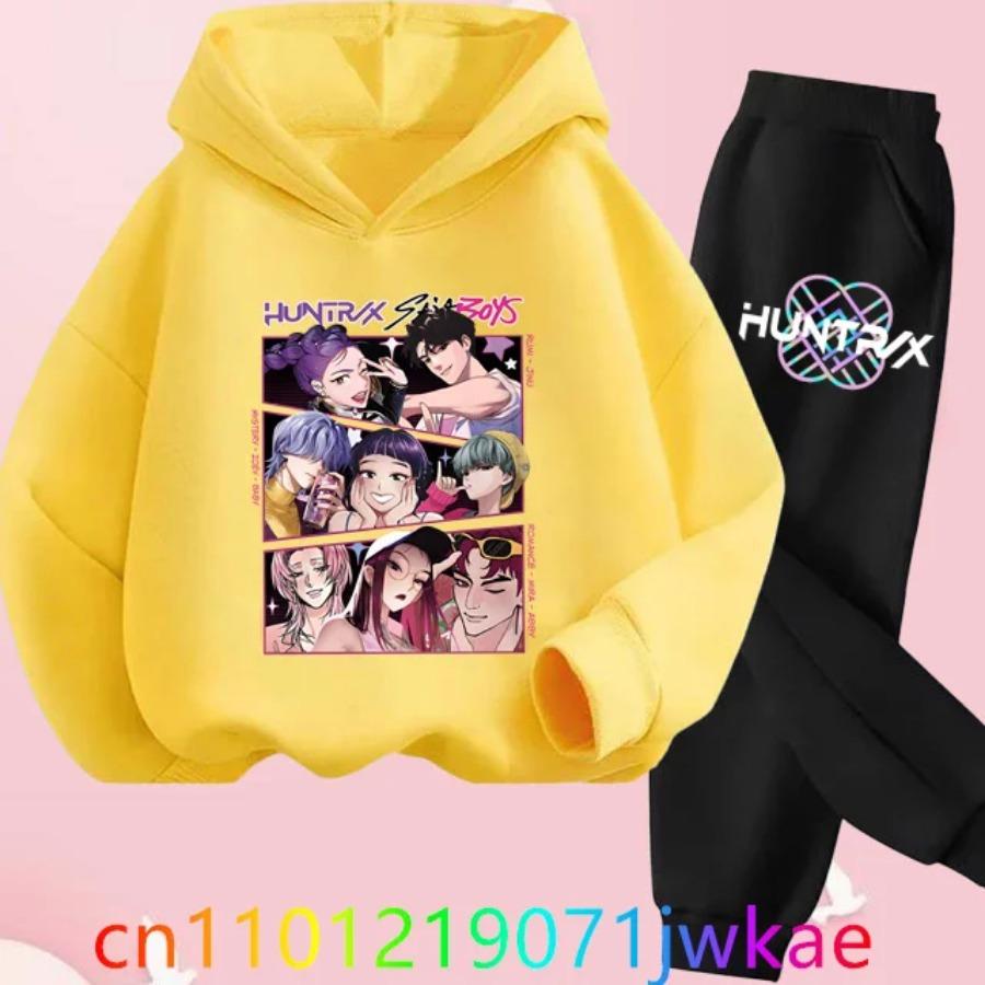 Kinder Kapuzenanzug KPop Dämonenjäger Aufdruck Kinderbekleidung Y2K Hoodies+Hosen Sportsets 150 yellow