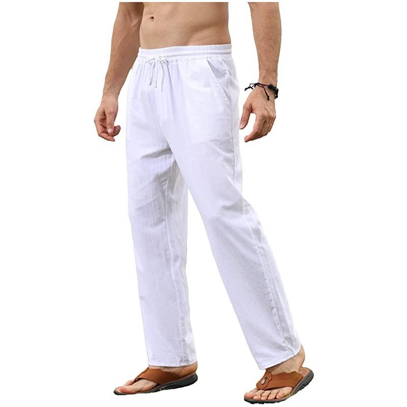 Herrenhose aus Baumwollleinen, lässige, lockere Hose, atmungsaktiv, einfarbig, mit Kordelzug, Jogger, Yoga, Baggy-Hose M weiß