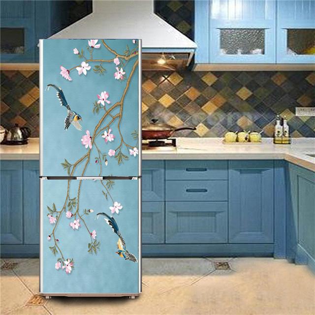 Blumen-Vogel-3D-Aufkleber für Kühlschrank, wasserdicht, Küchentapete, Möbeldekoration, Poster, Türwandbild, Kühlschrank-Abdeckungsaufkleber 40x120cm 16x47inch