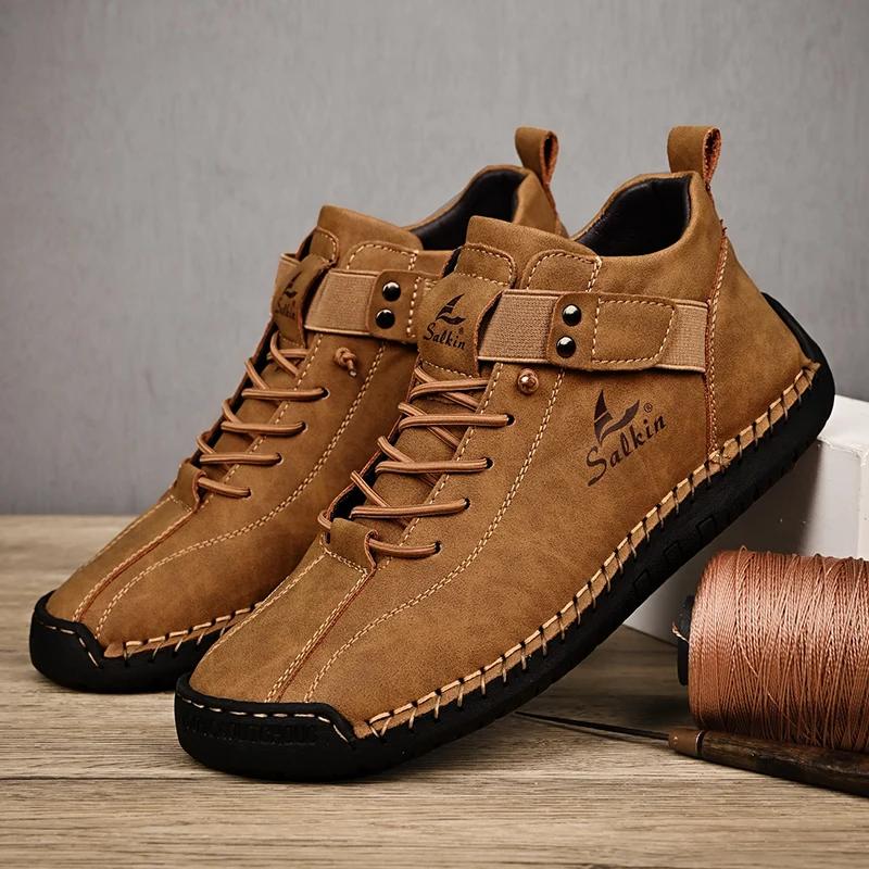 Neue 2024 Handgemachte Leder Casual Männer Schuhe Design Turnschuhe Mann Atmungsaktive Leder Schuhe Männer Stiefeletten Outdoor 47 braun