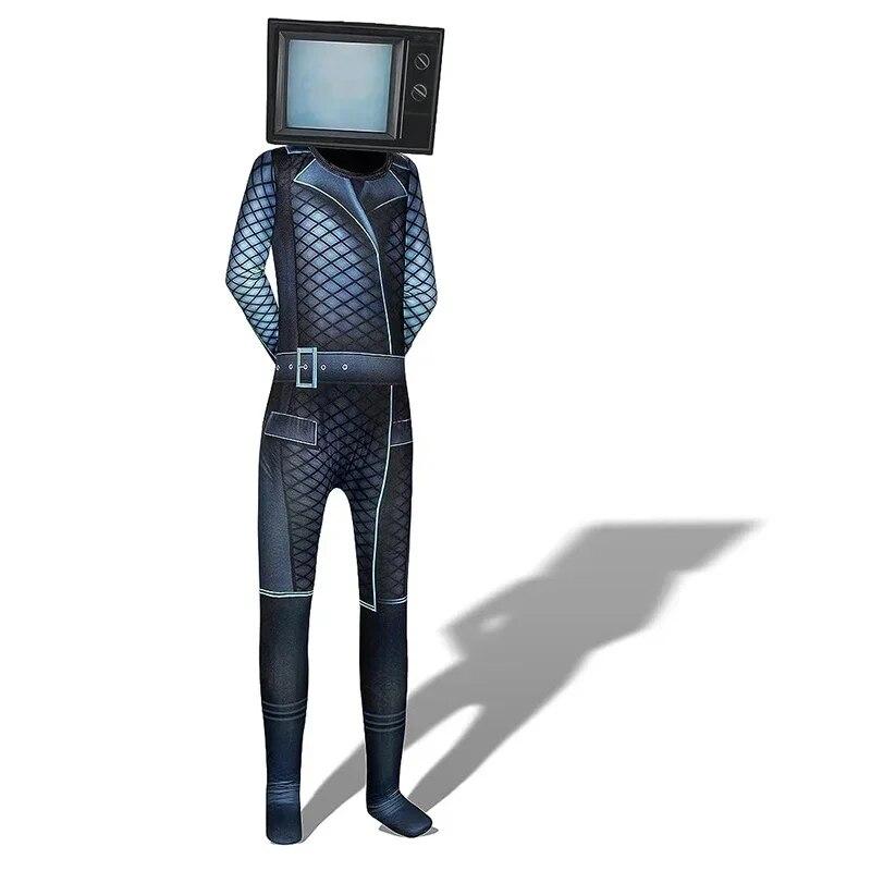 Skibidi Dressing Suit Spiel Cosplay Sprecher Mann TV Mann Bodysuit Jumpsuit Maske Cosplay Halloween Kostüme für Männer Kinder 190