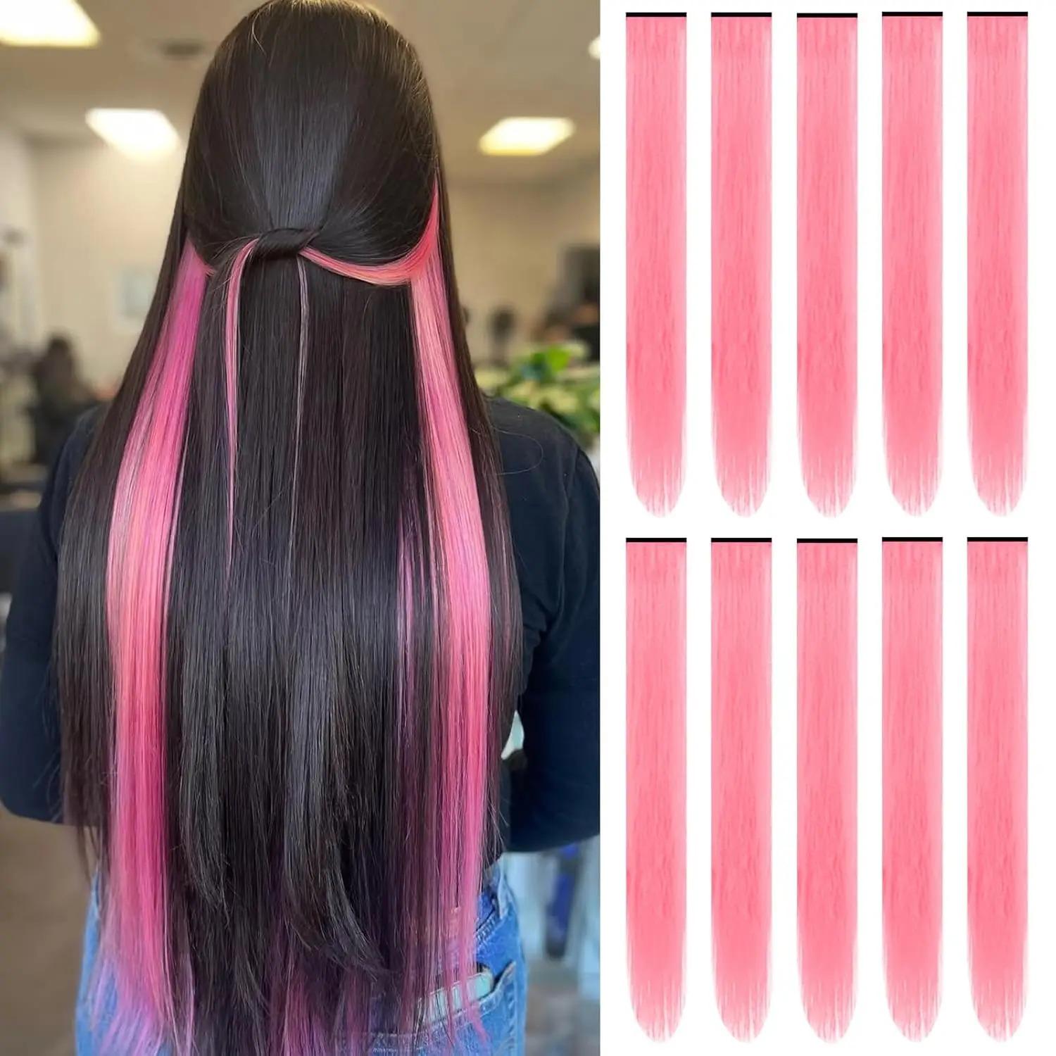 Lange glatte synthetische schwarze Haarverlängerungen zum Einklipsen, farbige Party-Highlights, Haarteile für Frauen, Kinder, Mädchen 10pcs dunkel rosa