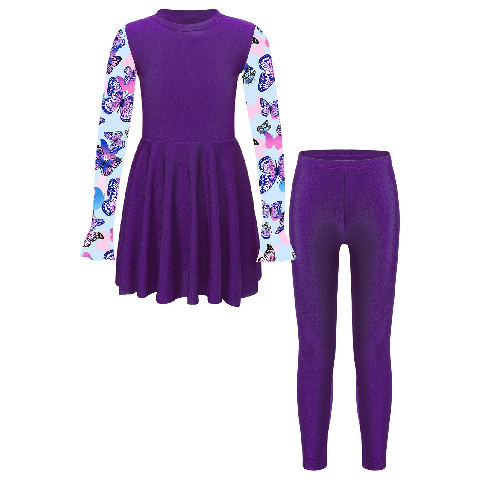Kinder Mädchen Zweiteiliger Badeanzug Ganzkörper Full Cover Langarm Oberteil Hose Burkini Set Badeanzug 9-10 Years violett