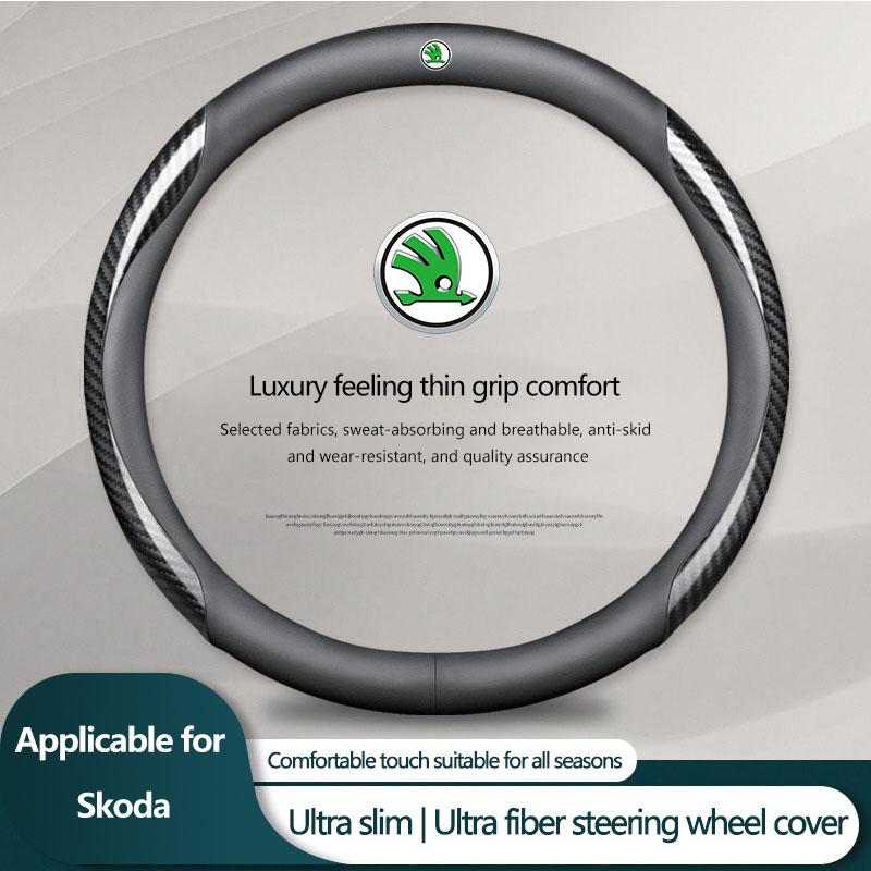 Leder Kohlefaser Auto Lenkradabdeckung Autozubehör Für Skoda Octavia Superb Rapid Kodiaq Karoq Fabia Kamiq Roomster Citigo black