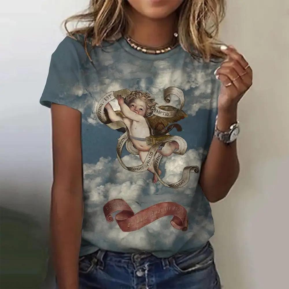 T-Shirts mit Engel-Blumen-Motiv, 3D-Druck, Damenmode, O-Ausschnitt, kurzärmelig, Y2k, Harajuku, übergroße T-Shirts, Tops, Damenkleidung 3XL