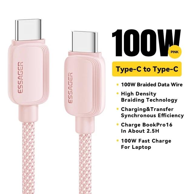 Essager 100W PD USB C Typ C Kabel Schnelllade-Ladekabel USB-C 5A TypeC Kabel für Huawei MacBook Samsung Xiaomi POCO 1m rosa