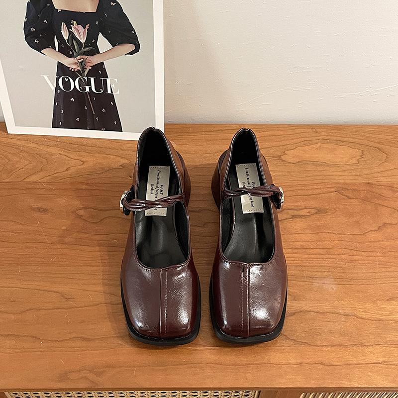 Designer Vintage Damen Mary Jane Schuhe Mode Flache Schuhe mit eckiger Zehenpartie Prägnante Schuhe mit eckigen Absätzen 35 braun