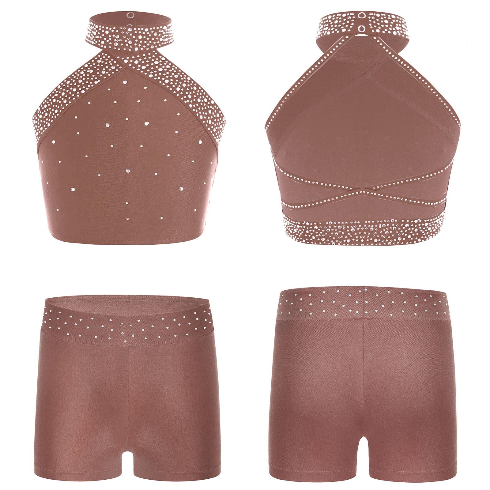 Mädchen Eiskunstlauf-Tanz-Outfits 2-teilig Gymnastik-Ballett-Tanz-Set Neckholder-Bauchweste mit Booty-Shorts Sportkleidung 7-8 Years braun